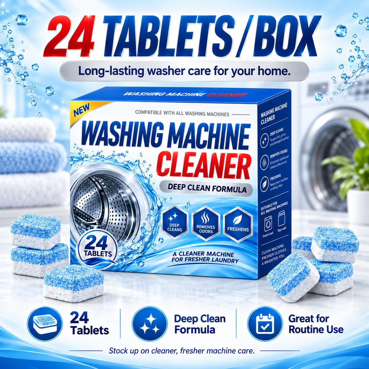 Deep Clean Washing Machine Cleaner Tablets – Removes Dirt, Residue & Odors