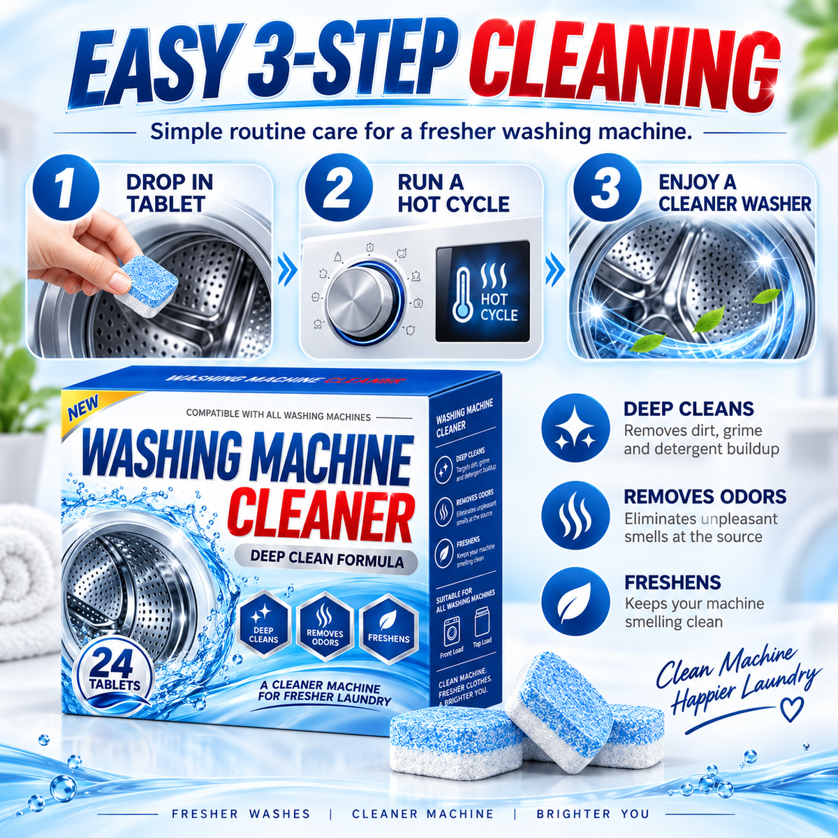 Deep Clean Washing Machine Cleaner Tablets – Removes Dirt, Residue & Odors