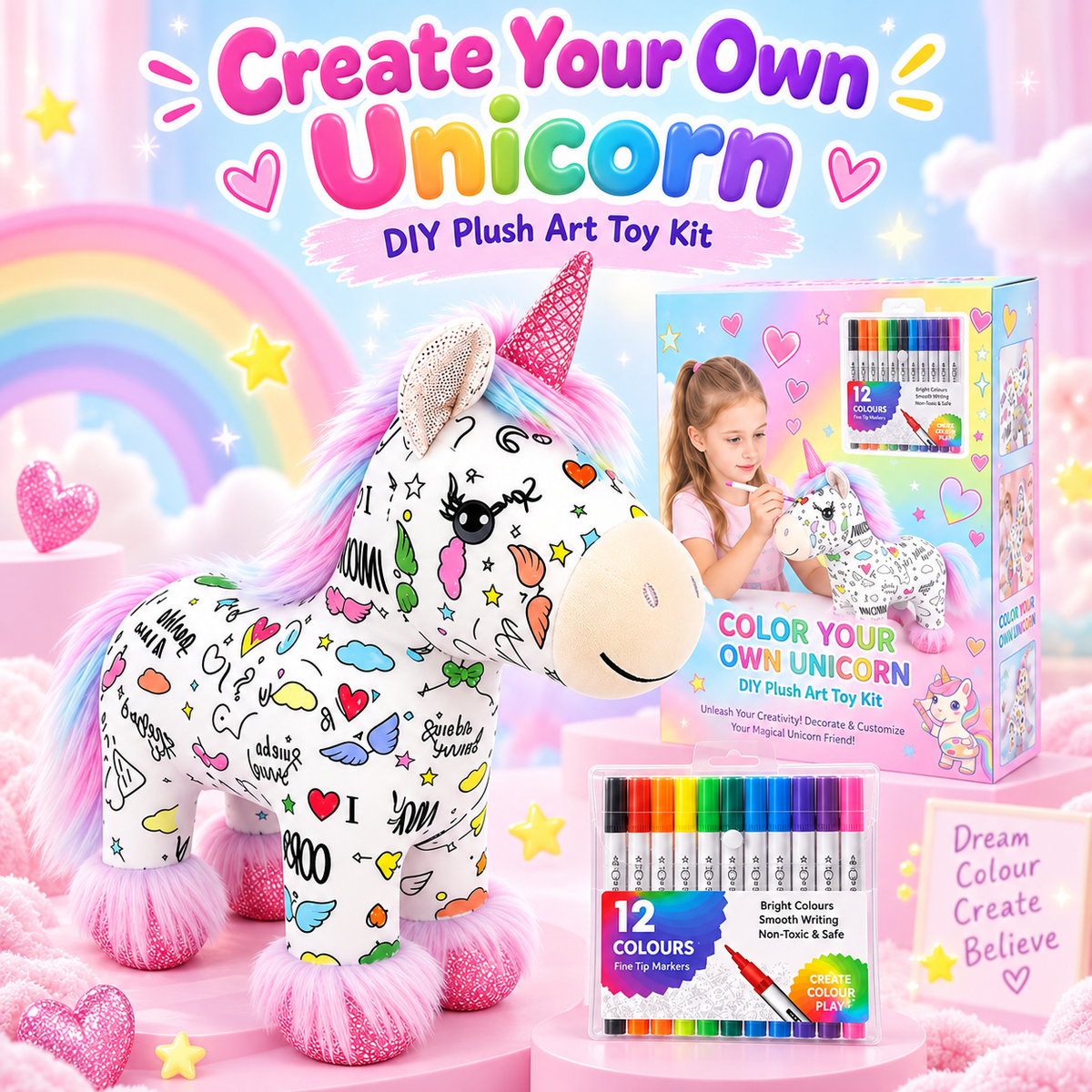 DIY Coloring Unicorn Plush Toy Kit – Creative Art & Craft Set for Kids