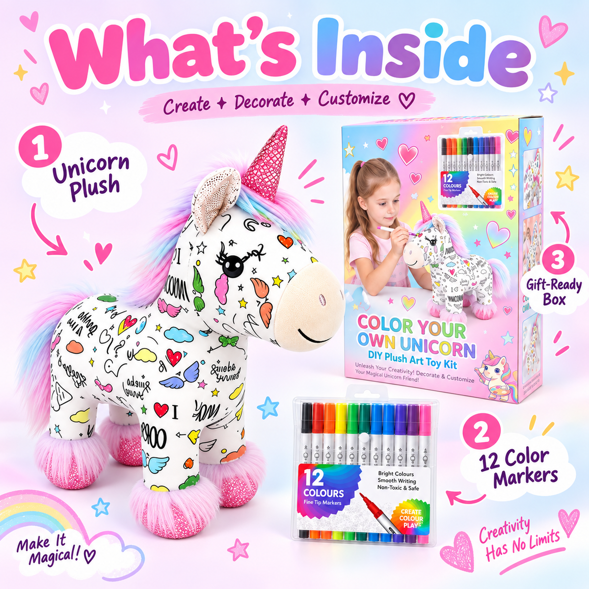 DIY Coloring Unicorn Plush Toy Kit – Creative Art & Craft Set for Kids