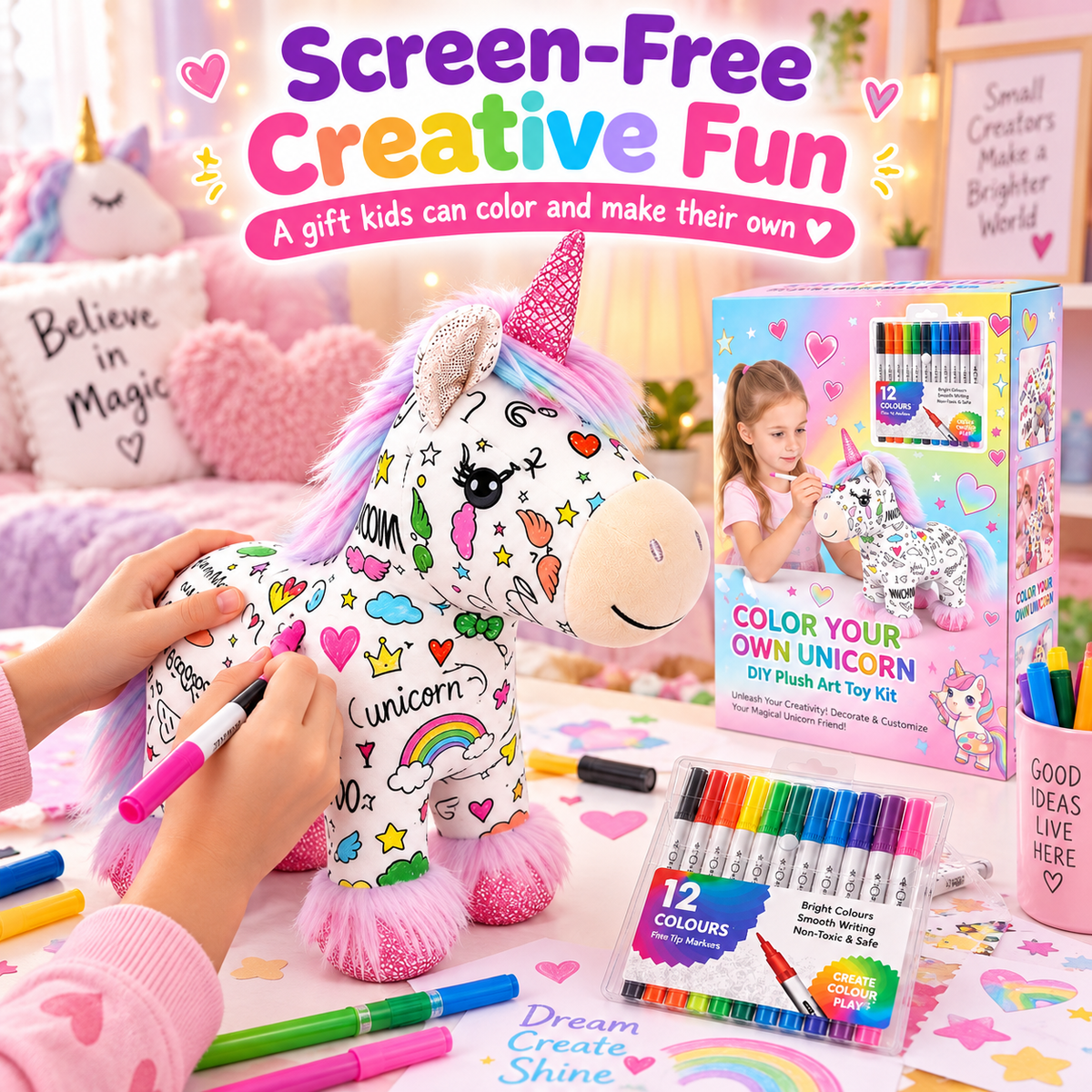 DIY Coloring Unicorn Plush Toy Kit – Creative Art & Craft Set for Kids