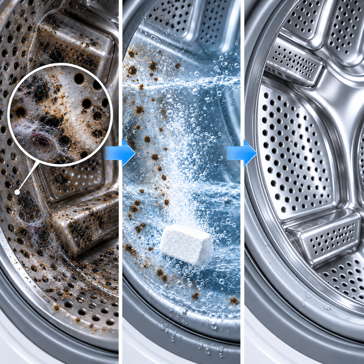 Washing machine before during and after cleaning