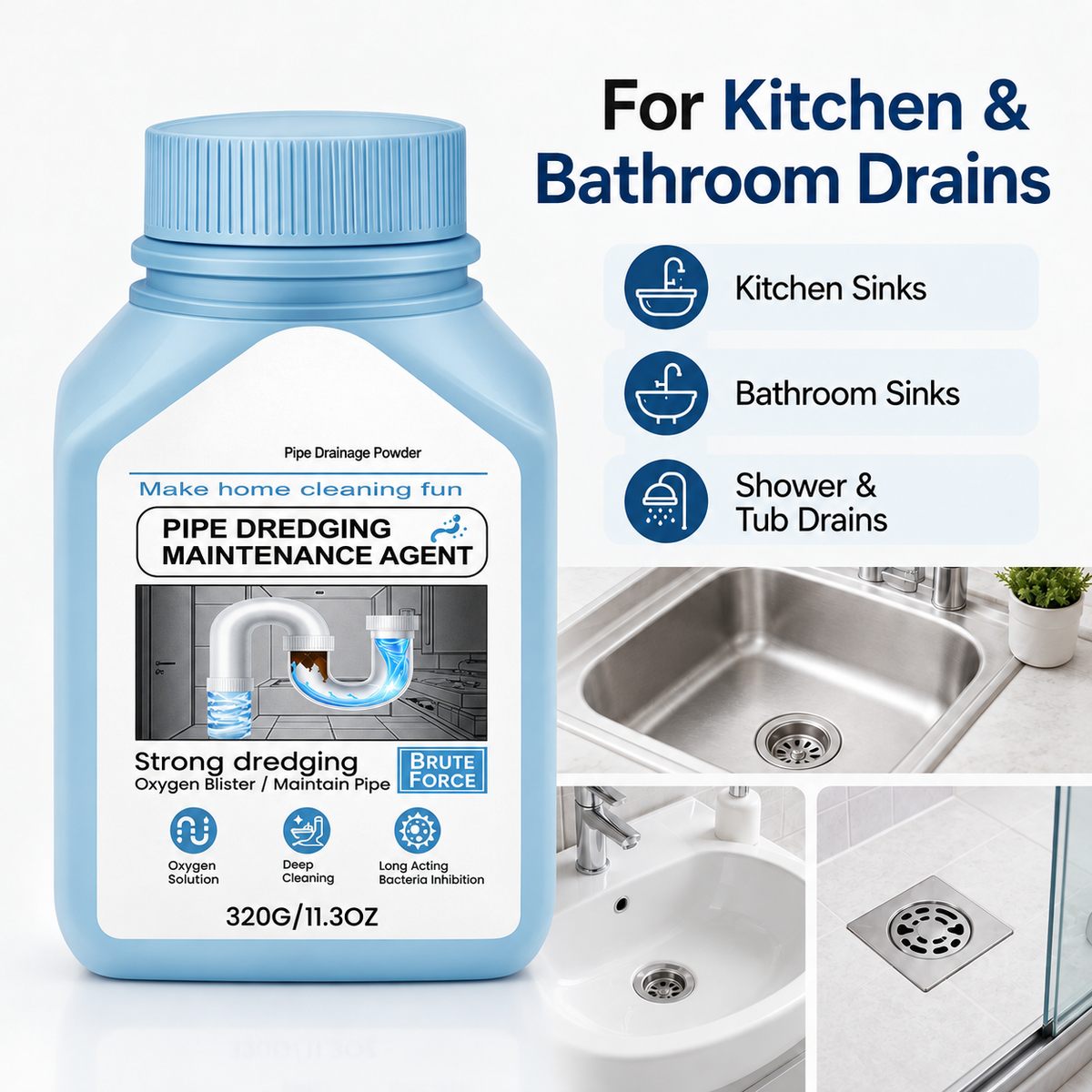 Drain Cleaning Powder for Kitchen & Bathroom – Removes Hair, Grease, Buildup & Odors