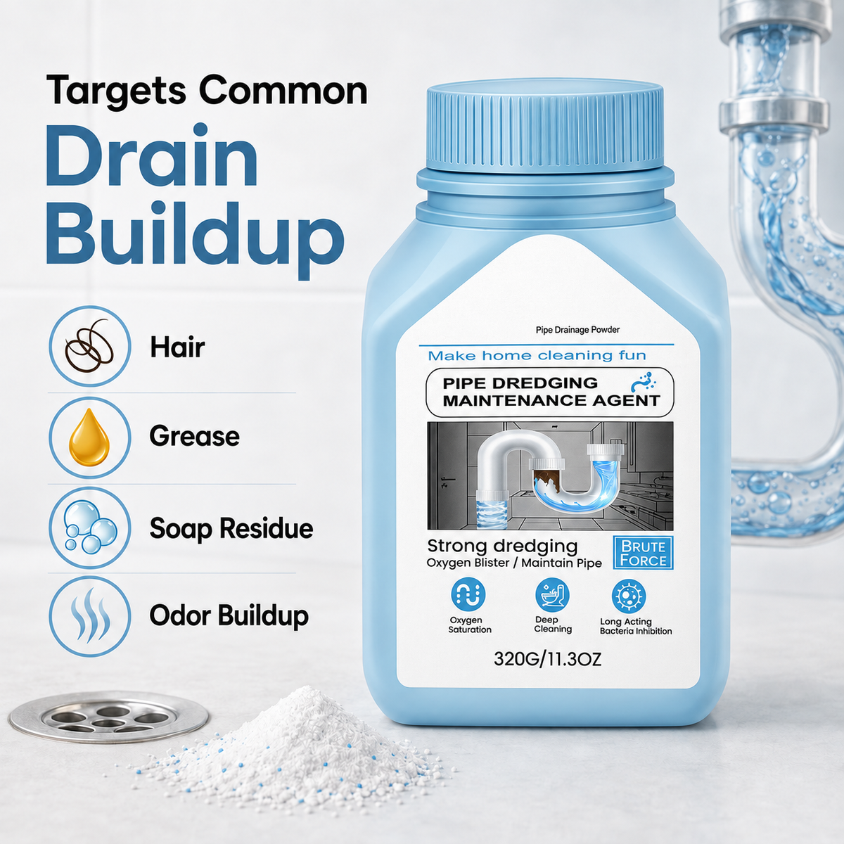 Drain Cleaning Powder for Kitchen & Bathroom – Removes Hair, Grease, Buildup & Odors