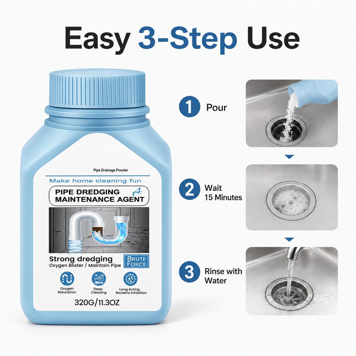 Drain Cleaning Powder for Kitchen & Bathroom – Removes Hair, Grease, Buildup & Odors