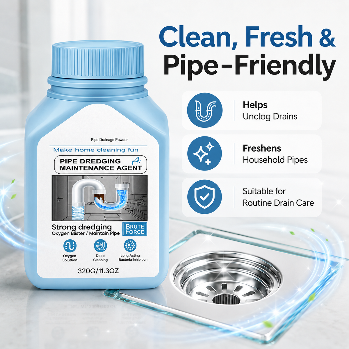 Drain Cleaning Powder for Kitchen & Bathroom – Removes Hair, Grease, Buildup & Odors
