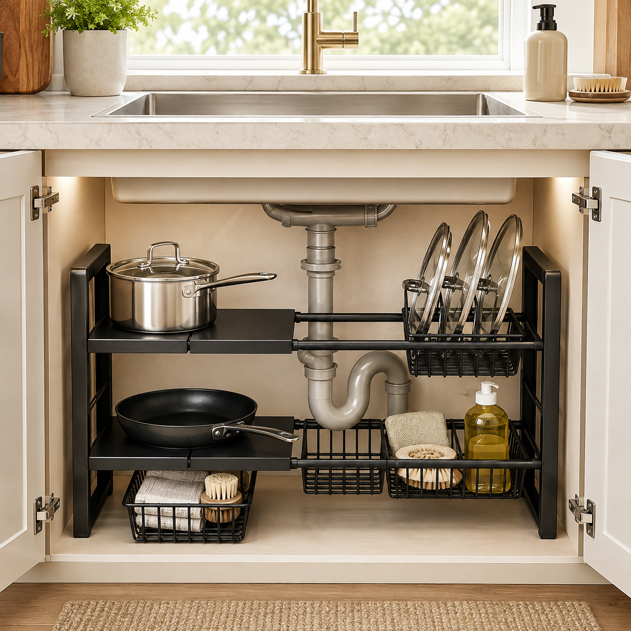 Expandable Under-Sink Cabinet Organizer with Modular Shelves