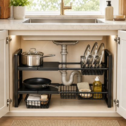 Expandable Under-Sink Cabinet Organizer with Modular Shelves